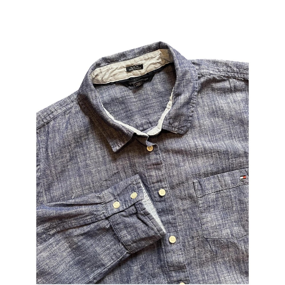 Tommy Hilfiger Shirt Mens Large Blue Classic Fit Chambray Long Sleeve Button
